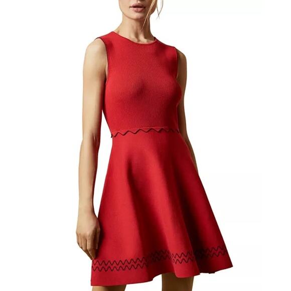 TED BAKER Scalloped Red Ribbed Sleeveless Party Dress Ted Sz 3 US 8 - Picture 4 of 11